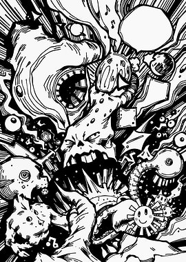 Monochrome Abstract Cartoon Creature Composition