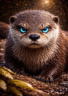 Intense Otter Portrait with Blue Eyes