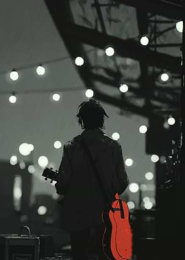 Musician with Guitar in the Rain