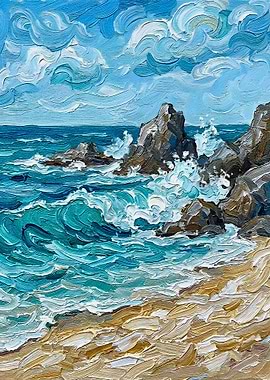 Impasto Seascape with Rocks and Waves