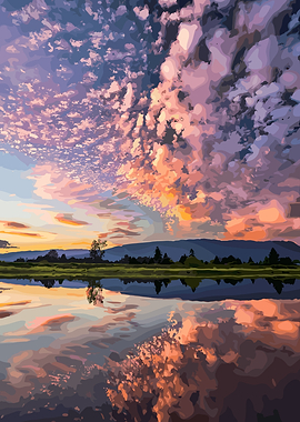 Serene Lake Sunset Reflection Painting