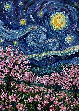 Starry Night with Cherry Blossoms Painting