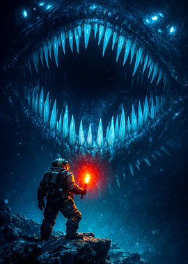 Astronaut and monstrous creature in dark