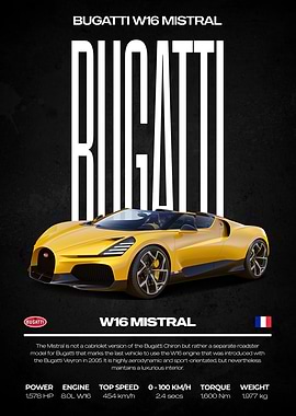 Bugatti W16 Mistral Yellow Car Poster