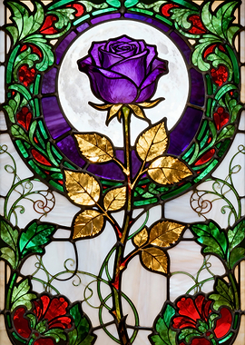 Stained Glass Purple Rose with Golden Leaves