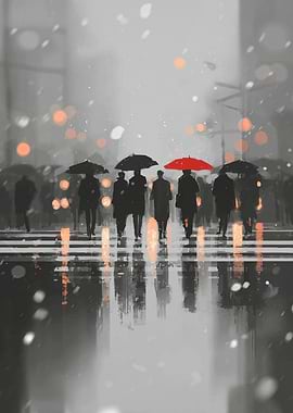 Rainy City Crossing with Red Umbrella