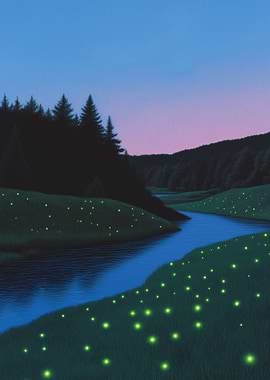 Fireflies River Landscape at Dusk