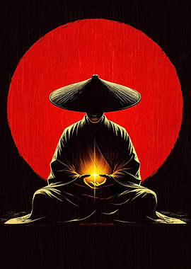 Zen Warrior Meditation: High-Contrast Samurai Art with Golden Light and Red Sun