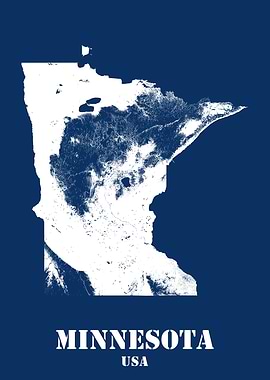 Minnesota USA State Minimalist White Topographic Contour Relief Map featuring terrain on navy blue background