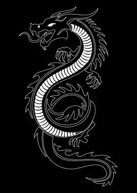 White Dragon Outline on Black Background