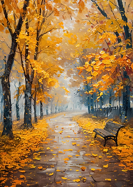 Autumn Park Bench Oil Painting