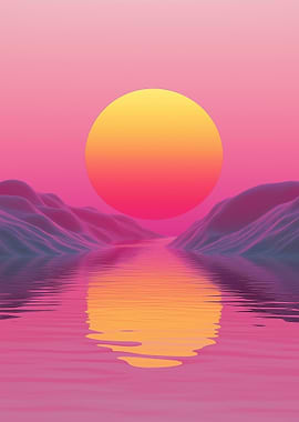 Pink Sunset Landscape with Water Reflection