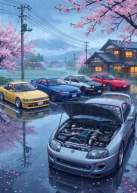 Anime Japanese JDM Cars in the Rain