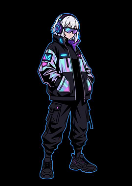 Cyberpunk Girl with Headphones and Jacket