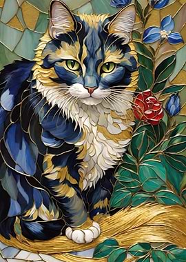 Elegant Cat with Floral Stained Glass
