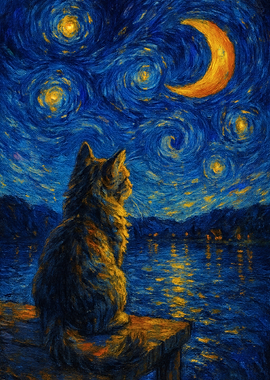 Cat gazing at the starry night