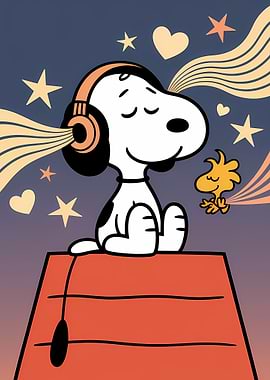 Snoopy Listening to Music with Woodstock