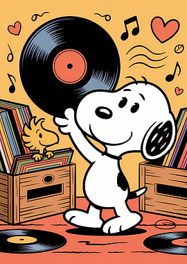 Snoopy and Woodstock with Vinyl Records