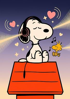 Snoopy Listening to Music with Woodstock