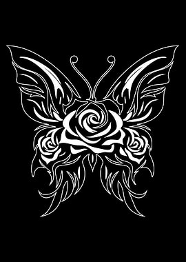 Butterfly and Roses Black and White