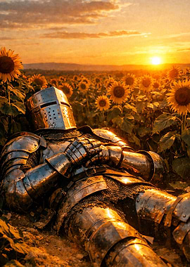 Knight Resting in Sunflower Field