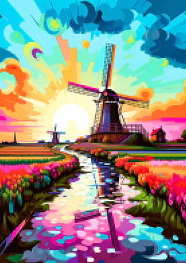 Colorful Windmill Landscape at Sunset