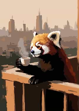 Red Panda with Coffee in Cityscape