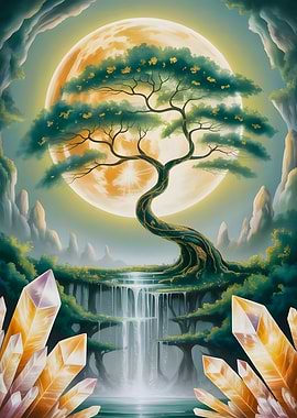 Lunar Waterfall Enchanted Tree with Glowing Crystals Fantasy Landscape Art.jpg
