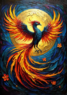 Majestic Phoenix Rising: Vibrant Impasto Oil Painting of Fire and Rebirth
