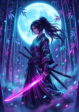 Neon Samurai in Bamboo Forest