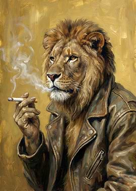 Lion in Leather Jacket Smoking