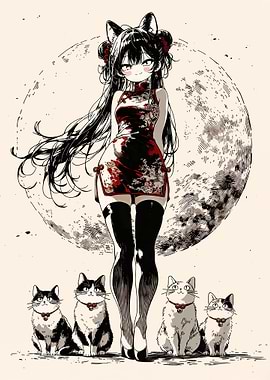 Cute Anime Neko Girl with Cats and Moon