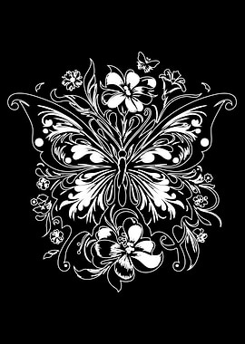 Floral Butterfly White on Black