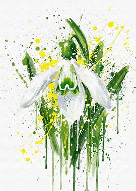 Watercolor Snowdrop Flower with Splatters