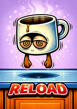Cartoon Coffee Cup Character with Reload Text