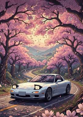 White Sports Car Under Cherry Blossoms