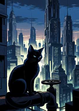 Black Cat on Metropolis Rooftop