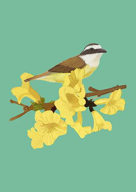 Bird on Branch with Yellow Flowers