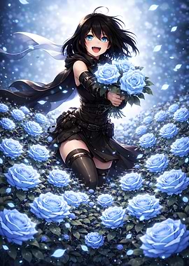 Blue Roses Promise a Anime Girl with Blue Roses Bouquet
