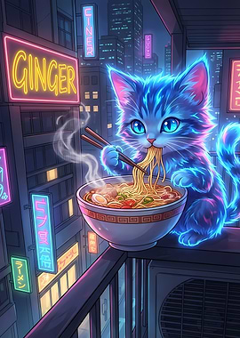 Neon Cat Eating Ramen in Cityscape