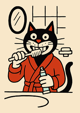 Cartoon Cat Brushing Teeth in Bathroom