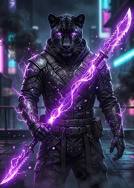 Cyberpunk Panther Warrior with Electric Sword