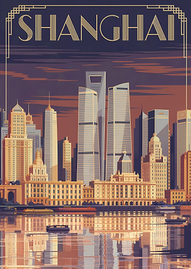 Shanghai Skyline Art Deco Poster