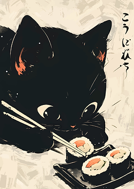 Black Cat Eating Sushi Art