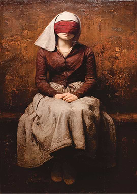 Blindfolded Woman in Historical Attire Painting