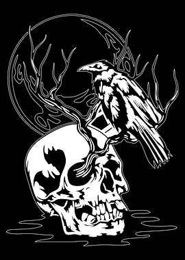 Skull and Raven Black and White Art