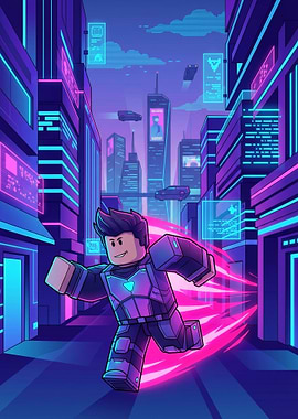 Roblox Character Running in Cyberpunk City