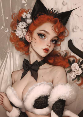 Red-haired Neko Girl with Flowers