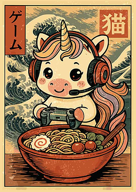 Unicorn Gamer Ramen Poster, Cute Anime Food Art Print, Japanese Cartoon Wall Decor