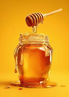 Honey Jar with Dipper on Yellow
